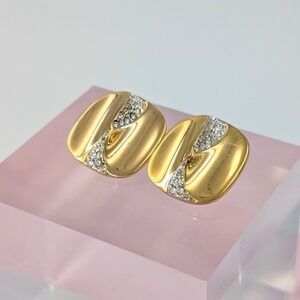 Vintage Les Bernard Rhinestone Earrings Gold Tone Ribbed Clip On